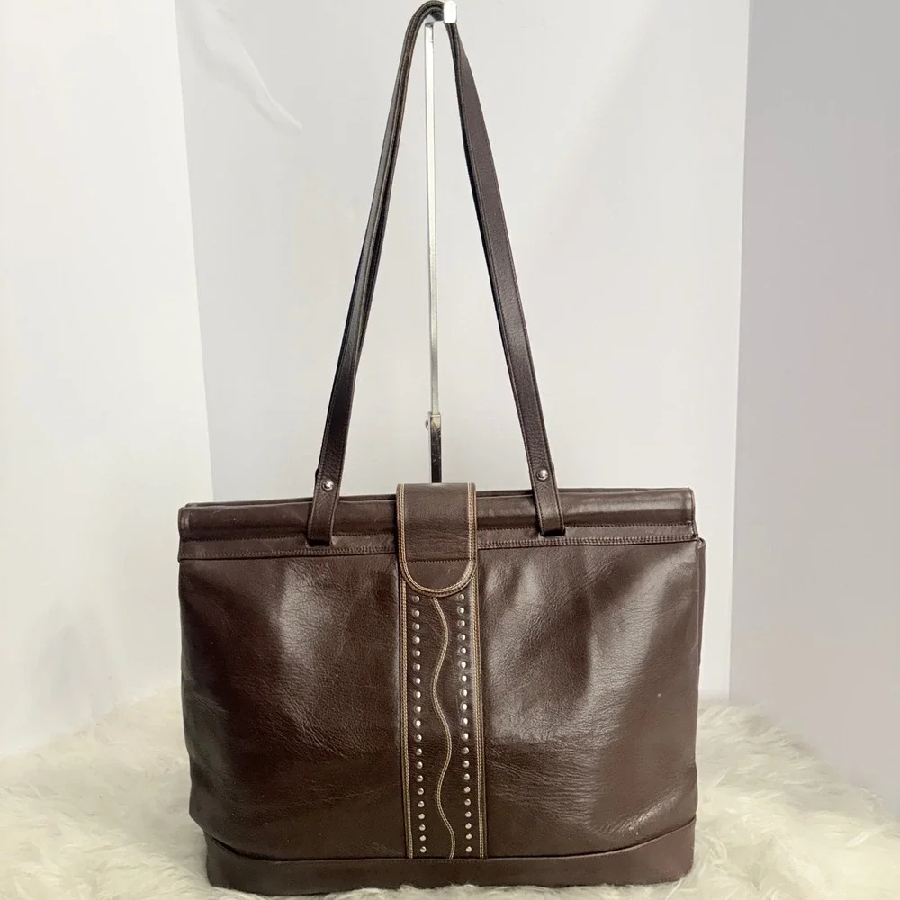 Vintage Kathi Kilburn Brown Leather Studded Tote Bag Handcrafted in Spain RARE